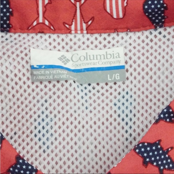 Columbia PFG Button Up Shirt Mens Large Red USA flag Fish Print Vented Fishing - Picture 6 of 12